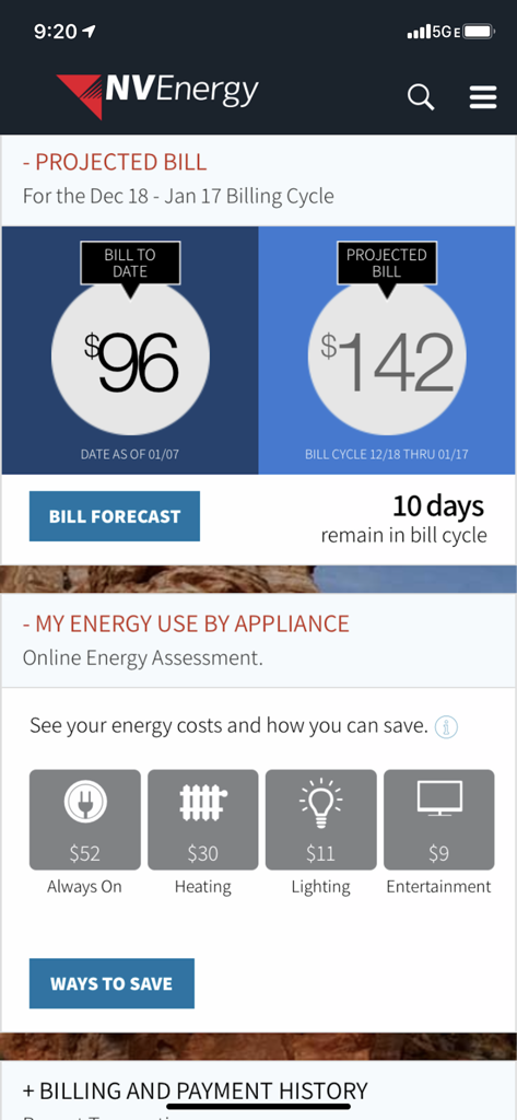NV Energy - NV Energy app dashboard showing projected bill forecast and energy use breakdown by appliances