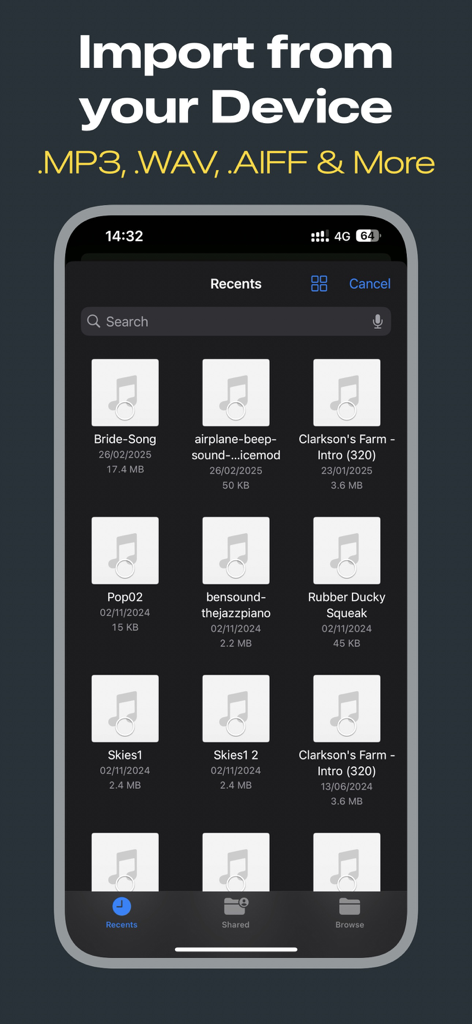 Soundboard Pro - Interfaz de la aplicación Soundboard Pro que muestra la pantalla de importación desde el dispositivo con varias pistas de audio listadas.
