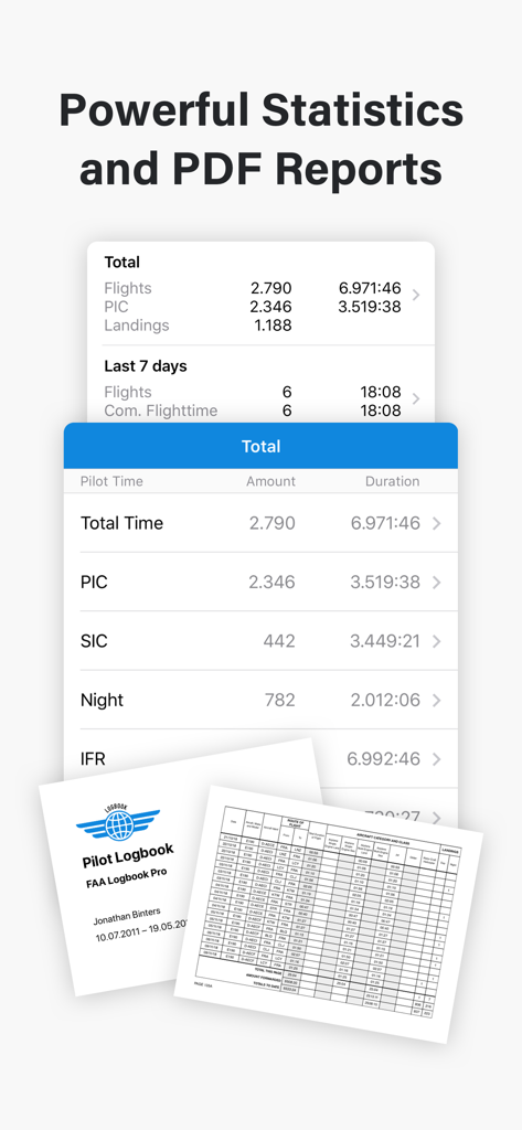OffBlock pilot logbook app showing flight statistics and FAA compliant PDF reports