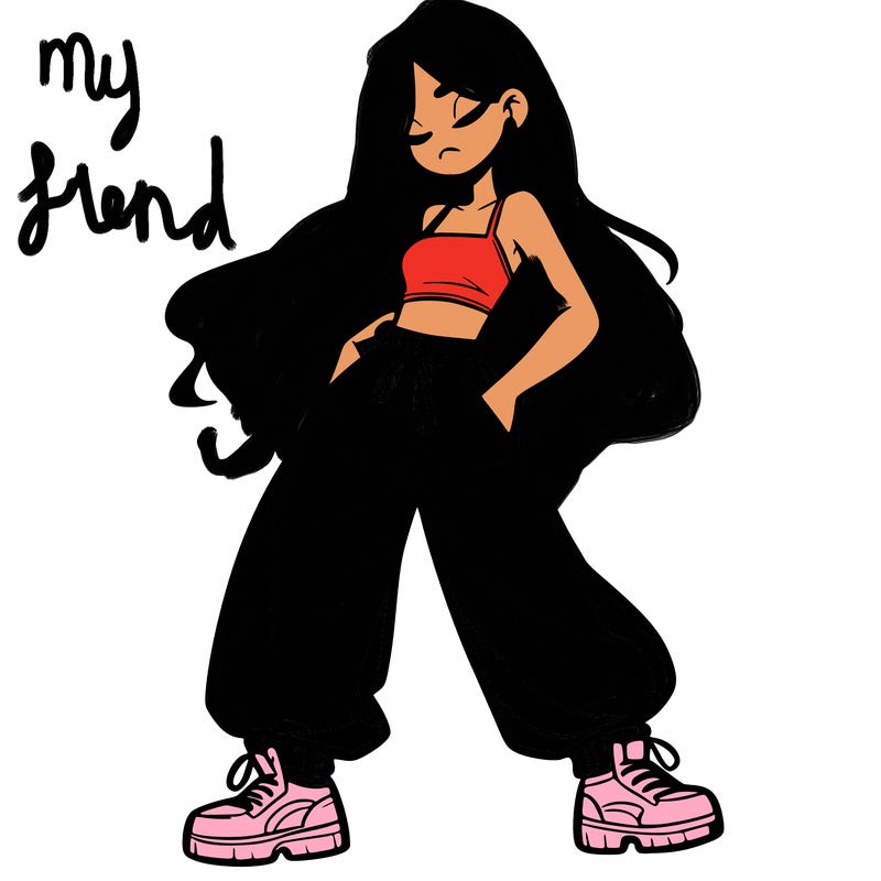 girl in baggy pants crop top and long hair