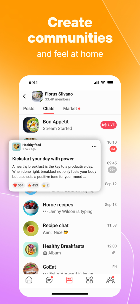 Online Messenger - Gem Space - Online Messenger Gem Space app interface showcasing community chats and interest-based groups.