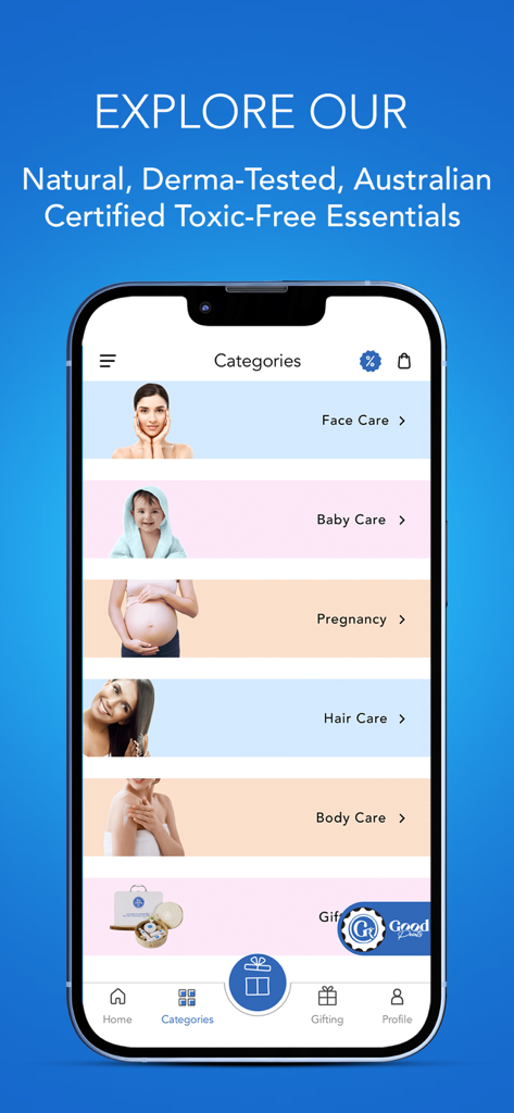 The Moms Co. - Skin Care Shop - Schermata delle categorie dell'app mobile The Moms Co. che mostra le sezioni per la cura del viso, la cura del bambino e i prodotti per la gravidanza