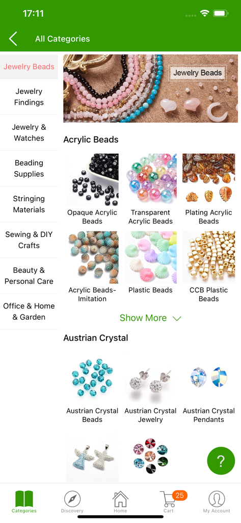 Pandahall  Beads - Mobile app interface of PandaHall Beads showing jewelry bead categories like acrylic beads and Austrian crystals