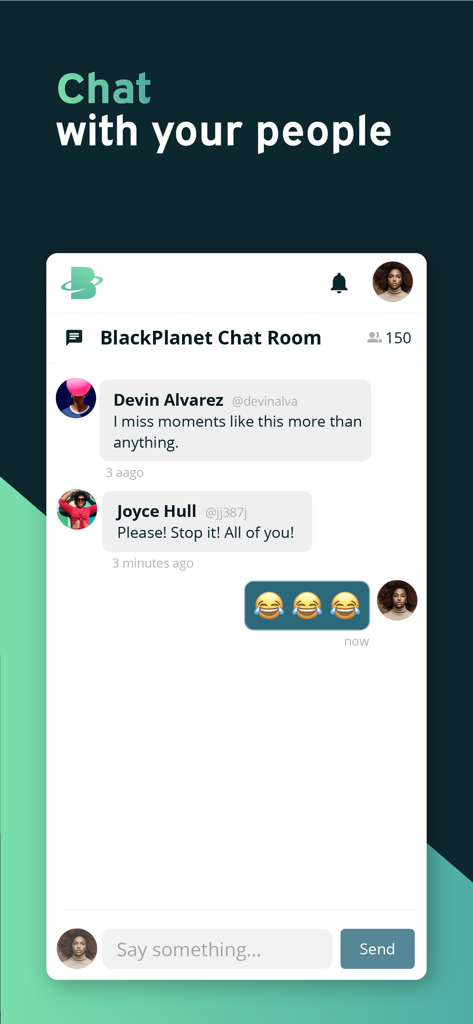 Captura de tela do aplicativo móvel BlackPlanet mostrando uma interface de sala de bate-papo em grupo com mensagens de usuários e emojis.