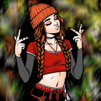 realistic teenage girl with braids and a beanie and crop top doing 🫶🏼