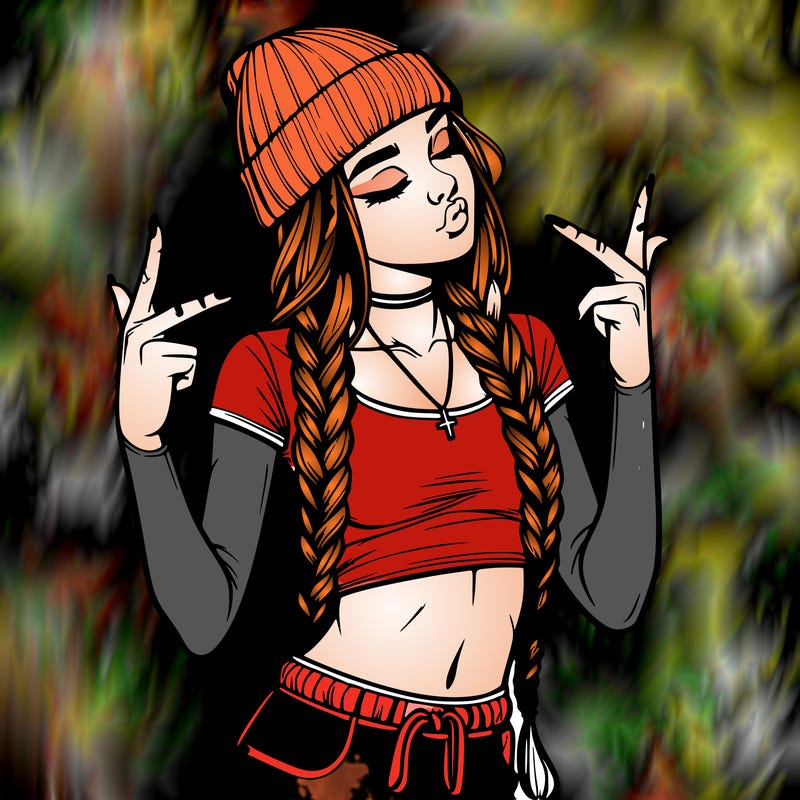 realistic teenage girl with braids and a beanie and crop top doing 🫶🏼