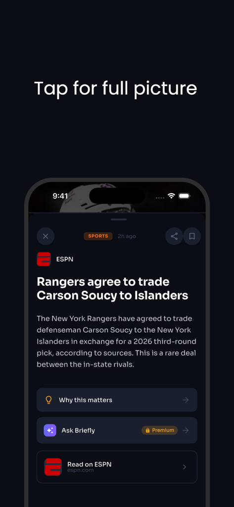 Briefly: News in Seconds - Briefly app displaying a summarized sports news article from ESPN about the New York Rangers trading Carson Soucy to the Islanders.