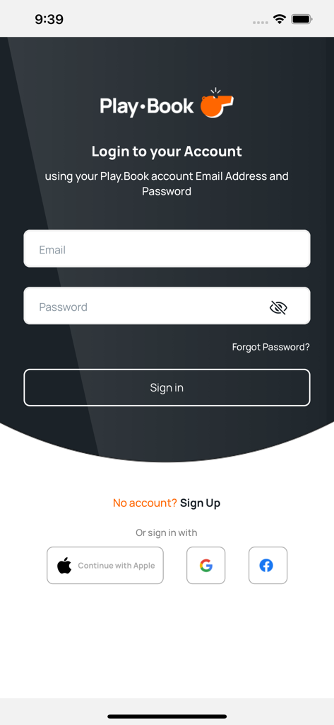 Login screen for the Play.Book Provider sports facility management app