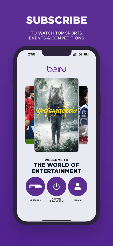 Pantalla de inicio de la aplicación móvil beIN que muestra las opciones de suscripción para deportes y películas