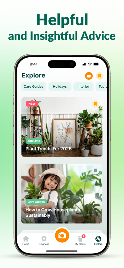 Bildschirm 'Entdecken' der Plantum App mit Pflegetipps für Zimmerpflanzen und Designtrends.