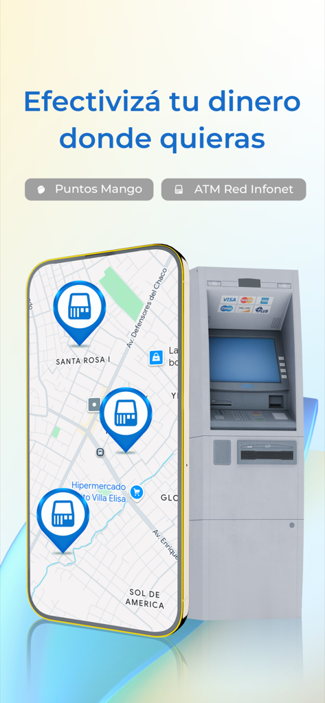 Billetera Mango - Billetera Mango app map showing cash out points and an ATM machine