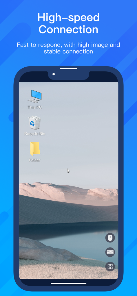 AnyViewer app interface showing a high speed remote connection to a PC desktop on a smartphone.