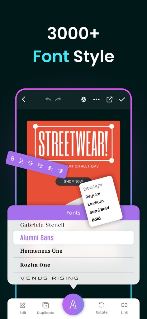 Poster Maker : Flyer Maker - Interface de l'application Créateur d'affiches montrant une bibliothèque de plus de 3000 styles de polices et options de graisse de texte pour une conception de flyer professionnelle.