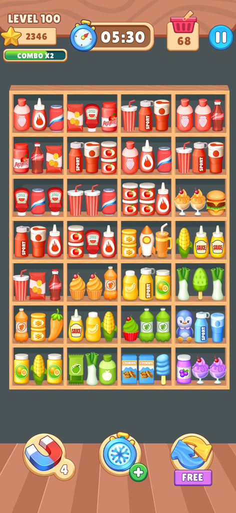 Gameplay screen of Match Goods Sorting Challenge showing triple matching of grocery items on a shelf.