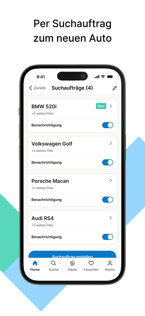 LeasingMarkt App-Bildschirm, der gespeicherte Autosuchbenachrichtigungen für Luxusmarken wie BMW und Porsche mit Benachrichtigungsschaltern zeigt