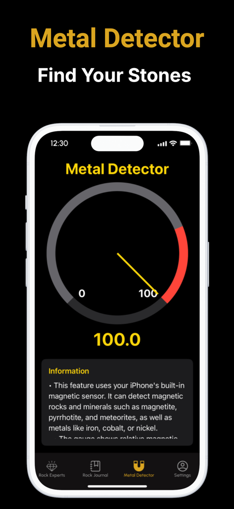Stone Gem & Crystal Identifier - Metal detector interface in the Stone Gem and Crystal Identifier app showing a magnetic sensor gauge