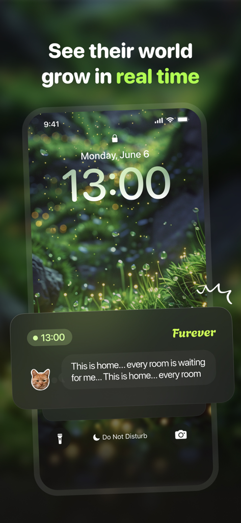iPhone lock screen showing a notification message from a pet on the Furever app