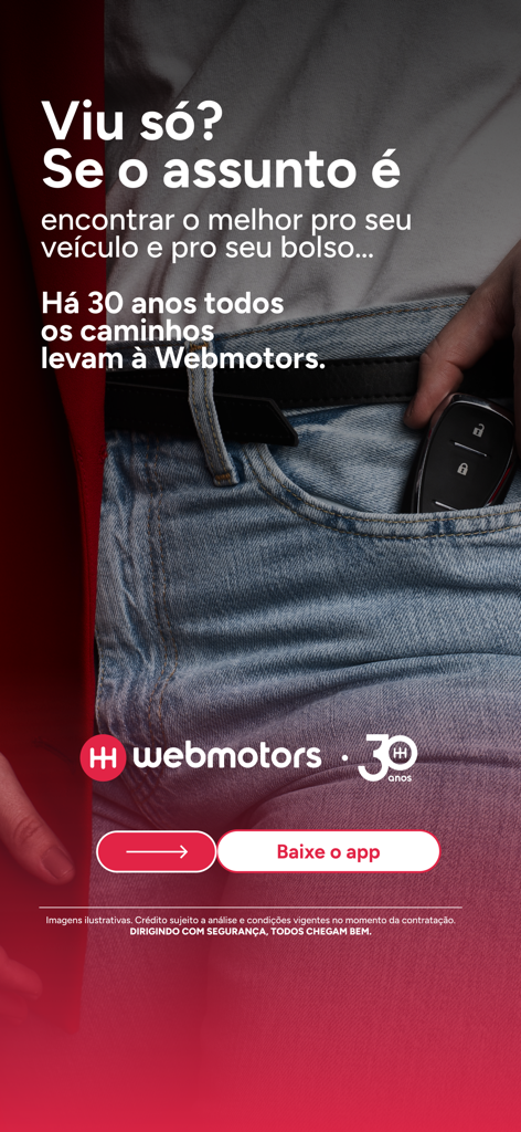 Webmotors-Werbung zum 30-jährigen Jubiläum, die zeigt, wie ein Autoschlüssel in eine Tasche gesteckt wird