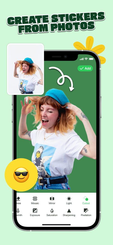 Smartphone screen showing the background removal tool in Sticker Maker app to create custom stickers from photos