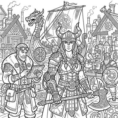 Embark on an extraordinary coloring quest with this captivating Steampunk Viking scene. Discover a world where ancient Norse legends meet futuristic machinery, offering intricate details for a truly immersive artistic experience.
