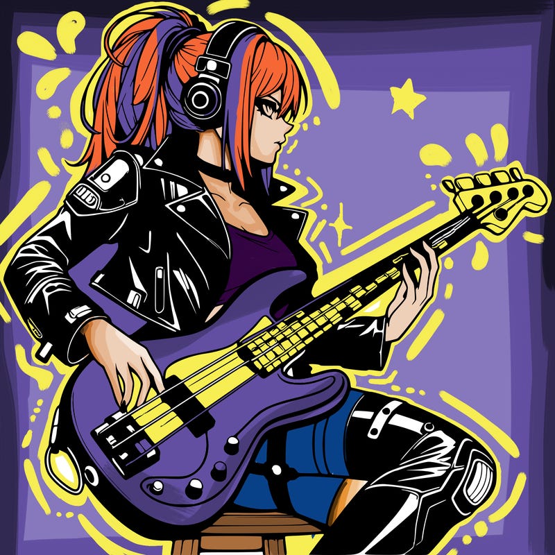 cyberpunk anime femme human in leather with a bass guitar