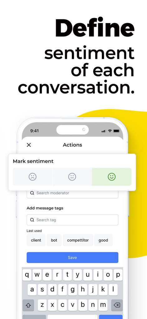 NapoleonCat mobile app interface for marking conversation sentiment and adding message tags