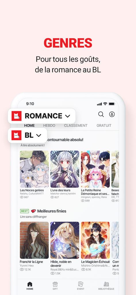Captura de pantalla de la app Lezhin ES mostrando categorías de webtoons de romance y BL.