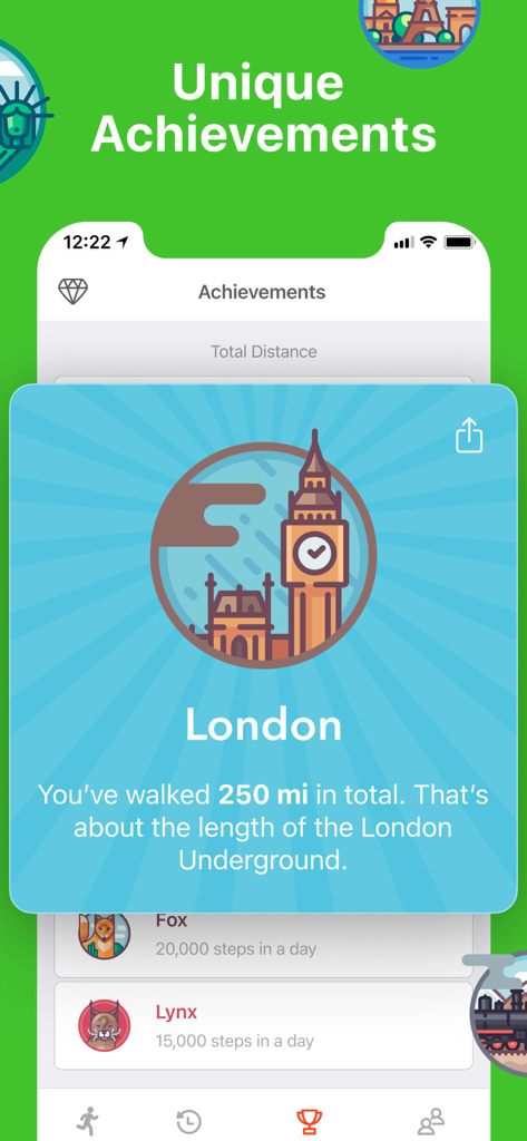 Stepz app achievements screen showing a London milestone badge and daily step goals