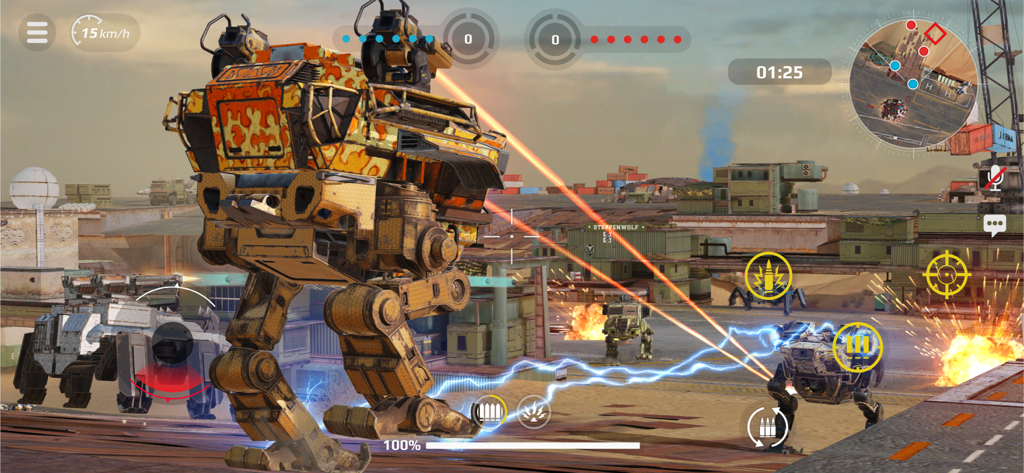A bipedal armored vehicle engaging in a 6v6 team battle within a post-apocalyptic industrial arena in Crossout Mobile