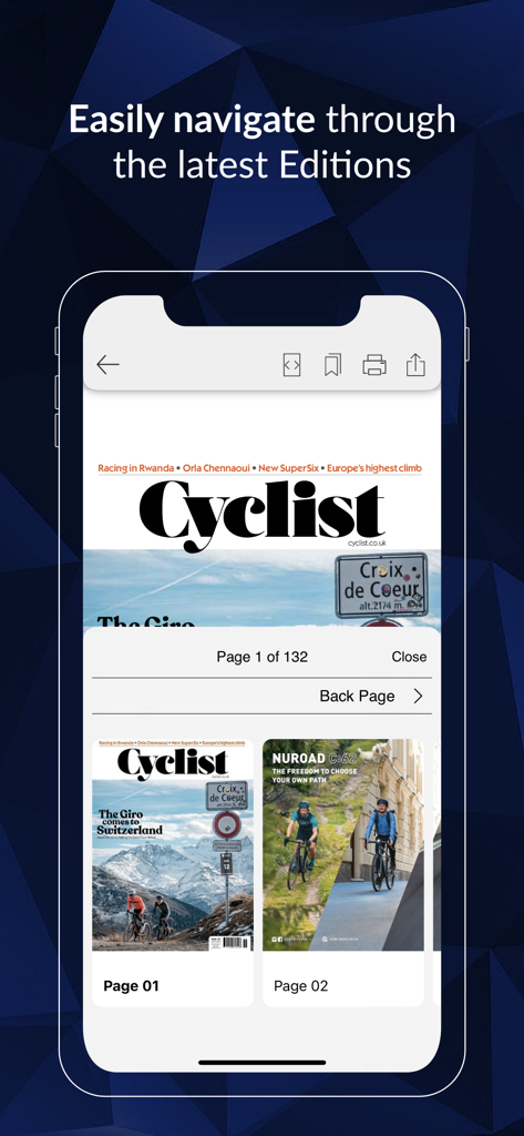 Cyclist magazine - Cyclist magazine app interface showing digital navigation and edition page previews