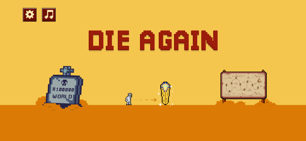 Die Again: Troll Game Ever - Titelbildschirm von Die Again Troll Game mit Pixel-Art-Charakter-Grabstein und Levelkarte