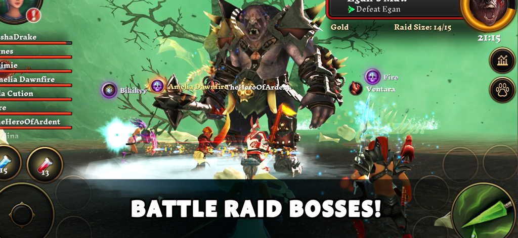 Villagers & Heroes - Un groupe de personnages joueurs combattant un monstre géant lors d'un combat de boss de raid dans Villagers and Heroes.