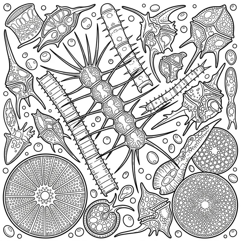 Embark on a fascinating journey into the invisible world beneath the waves with this detailed phytoplankton coloring page. Discover the intricate beauty of these essential marine organisms, ready for your creative touch.