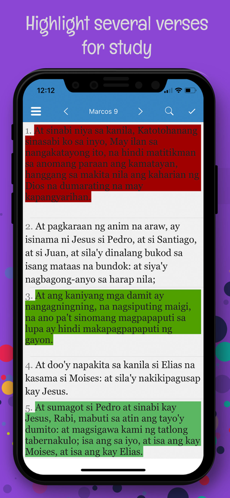 A mobile screen showing the Ang Dating Biblia app with several verses highlighted in red and green for study.