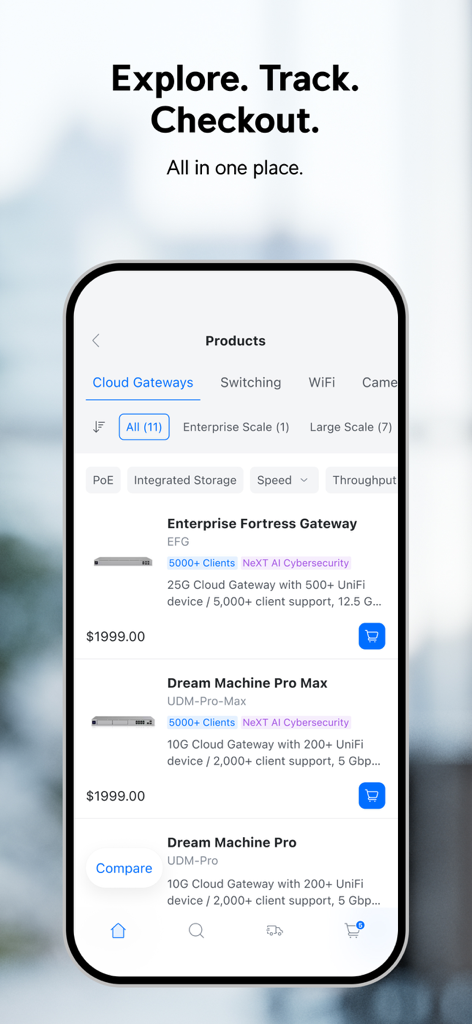 UniFi Store - Interface do aplicativo Loja UniFi mostrando uma lista de produtos de gateway de rede na nuvem com preços e especificações.