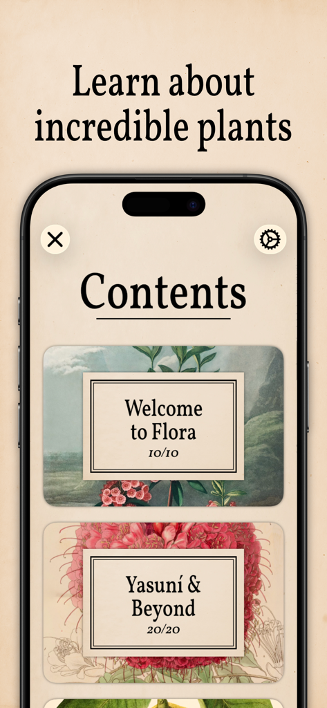 Art of Flora: Cozy Puzzles - Una pantalla de smartphone que muestra el menú de contenidos de la aplicación Art of Flora con colecciones de puzzles botánicos como Bienvenida a Flora y Yasuní y más allá.
