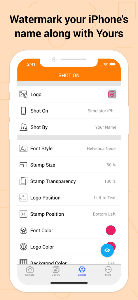 Settings screen of the Shot On Watermark app showing customizable options for logos device names and signature stamps