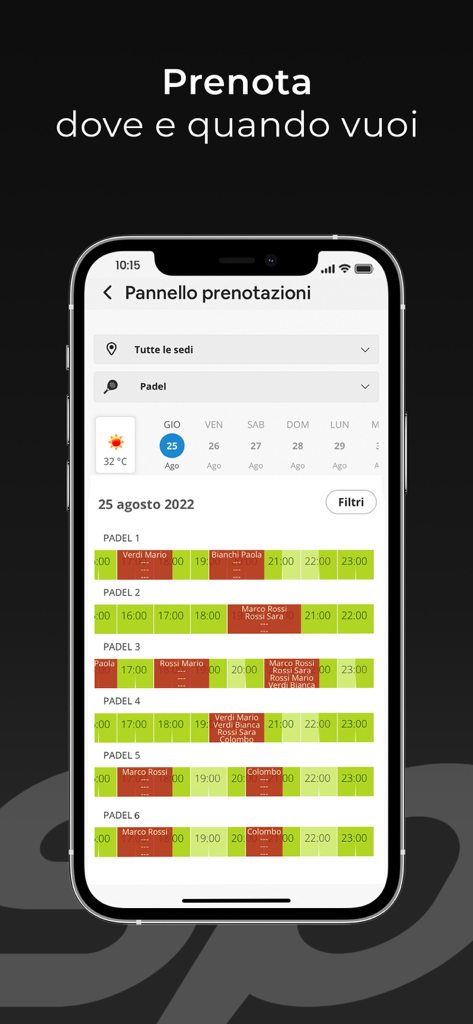 Interfaz de la app TC Noventa di Piave que muestra la disponibilidad de pistas de pádel y el horario de reservas.