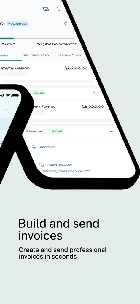 Dubsado - The Dubsado mobile app interface displaying a professional invoice builder with items like website design and e-commerce setup