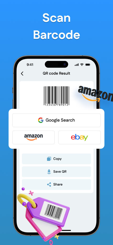 EasyQR Code Scan app interface showing a barcode result with quick search links for Amazon and eBay