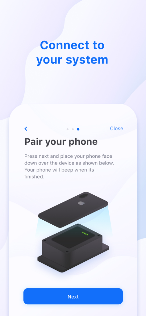 Setup screen for pairing a smartphone with the Smart Water Tech hardware device.