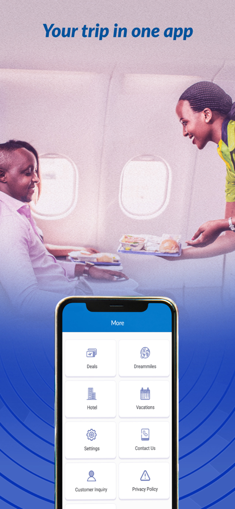 RwandAir - RwandAir mobile app interface displaying additional features like loyalty program and deals