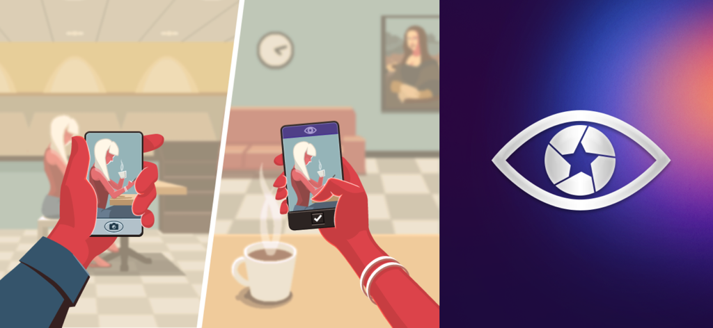 HUMANZ(.CO) - Illustration showing the Humanz app IRL verification process where one user shoots a photo and another scans it to confirm authenticity