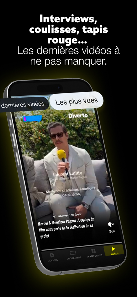 Diverto Programme TV Streaming - Écran de smartphone de l'application Diverto affichant une interview et du contenu d'actualités sur le divertissement
