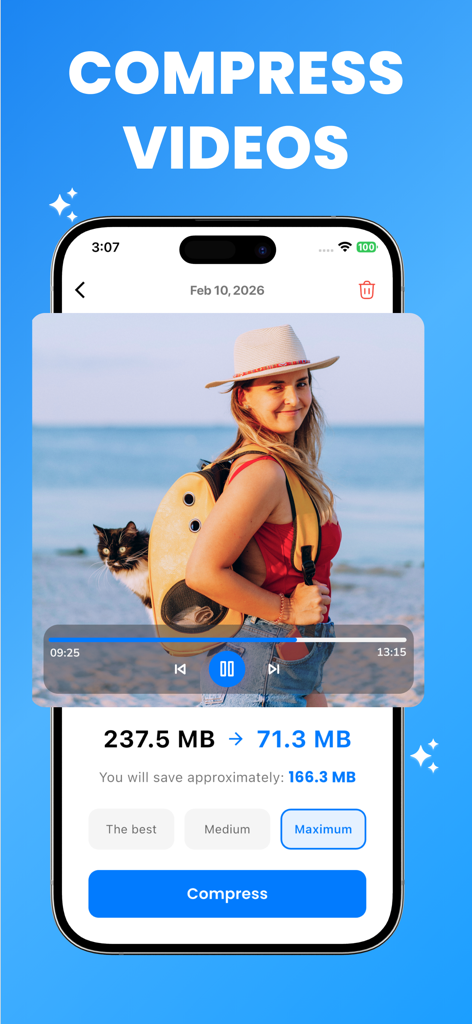 Interface do aplicativo Clean My Phone mostrando o recurso de compressão de vídeo para reduzir o tamanho do arquivo e economizar espaço de armazenamento