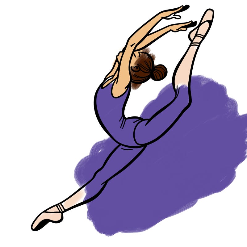 gymnast doing a leap in a leotard with a bent back leg