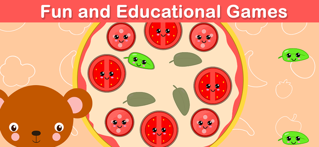 Toddler Games for Kids 2-5 - Cartoon bear and a smiling pizza in a toddler educational game