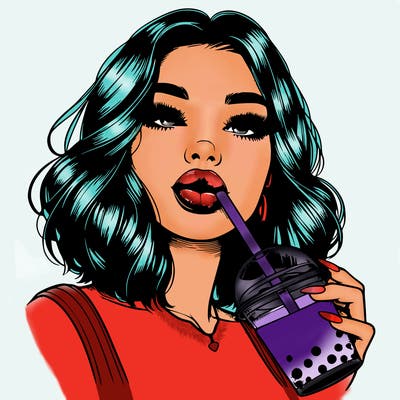 realistic girl with glossy lips holding boba