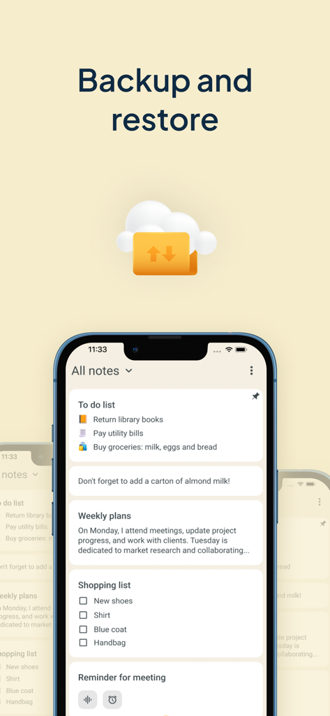 My Notes - Notebook, Notepad - クラウド同期を備えたバックアップと復元機能を示す「My Notes」アプリのインターフェイス