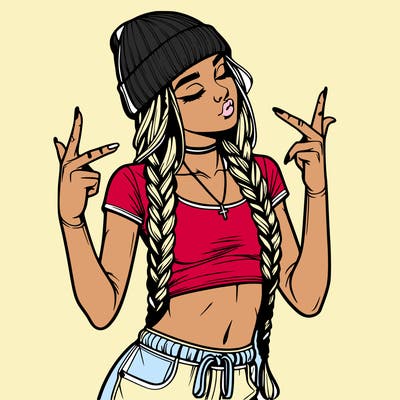 realistic teenage girl with braids and a beanie and crop top doing 🫶🏼